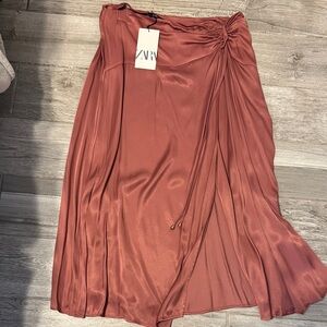 Zara Satin Midi Skirt in Rusty Rose